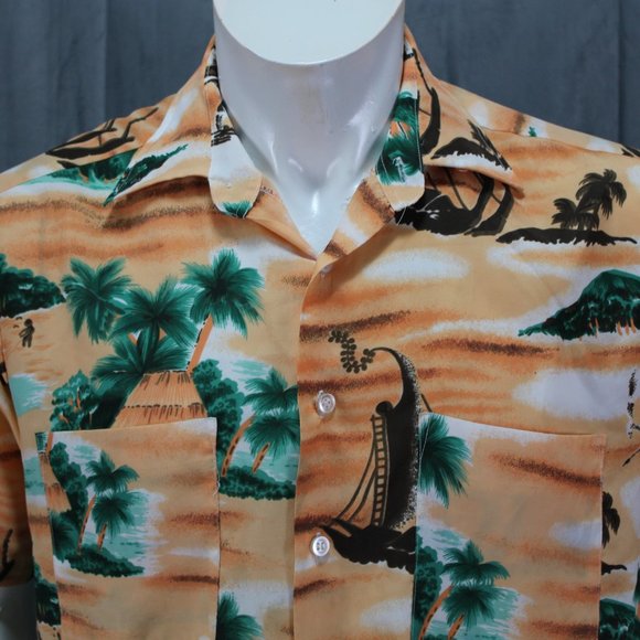Vintage Hawaiian Shirt - Island and Tribal Pattern by Van Cort - Men's Medium - Picture 2 of 9